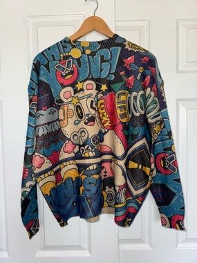 Graphic Cartoon Knit Sweater | Streetwear Pop Art | Oversized Artsy Crewneck M